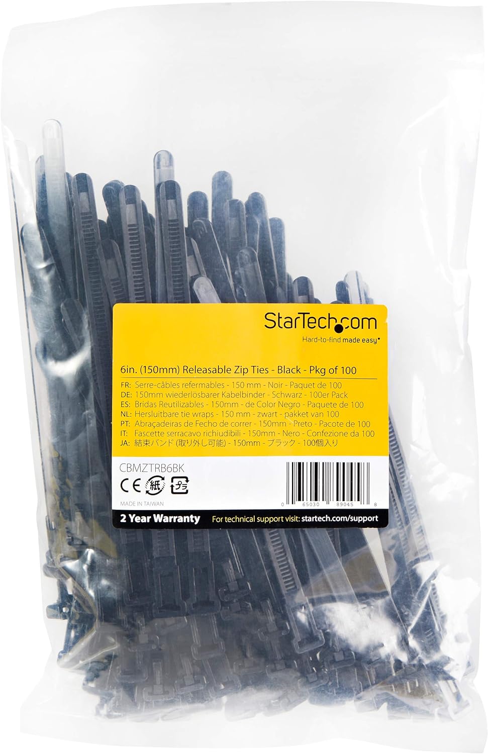 StarTech.com 6"(15cm) Reusable Cable Ties - 1/4"(7mm) wide, 1-3/8"(35mm) Bundle Dia. 50lb(22kg) Tensile Strength, Releasable Nylon Ties, Indoor/Outdoor, 94V-2/UL Listed, 100 Pack