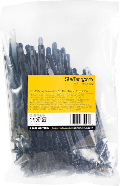 StarTech.com 6"(15cm) Reusable Cable Ties - 1/4"(7mm) wide, 1-3/8"(35mm) Bundle Dia. 50lb(22kg) Tensile Strength, Releasable Nylon Ties, Indoor/Outdoor, 94V-2/UL Listed, 100 Pack