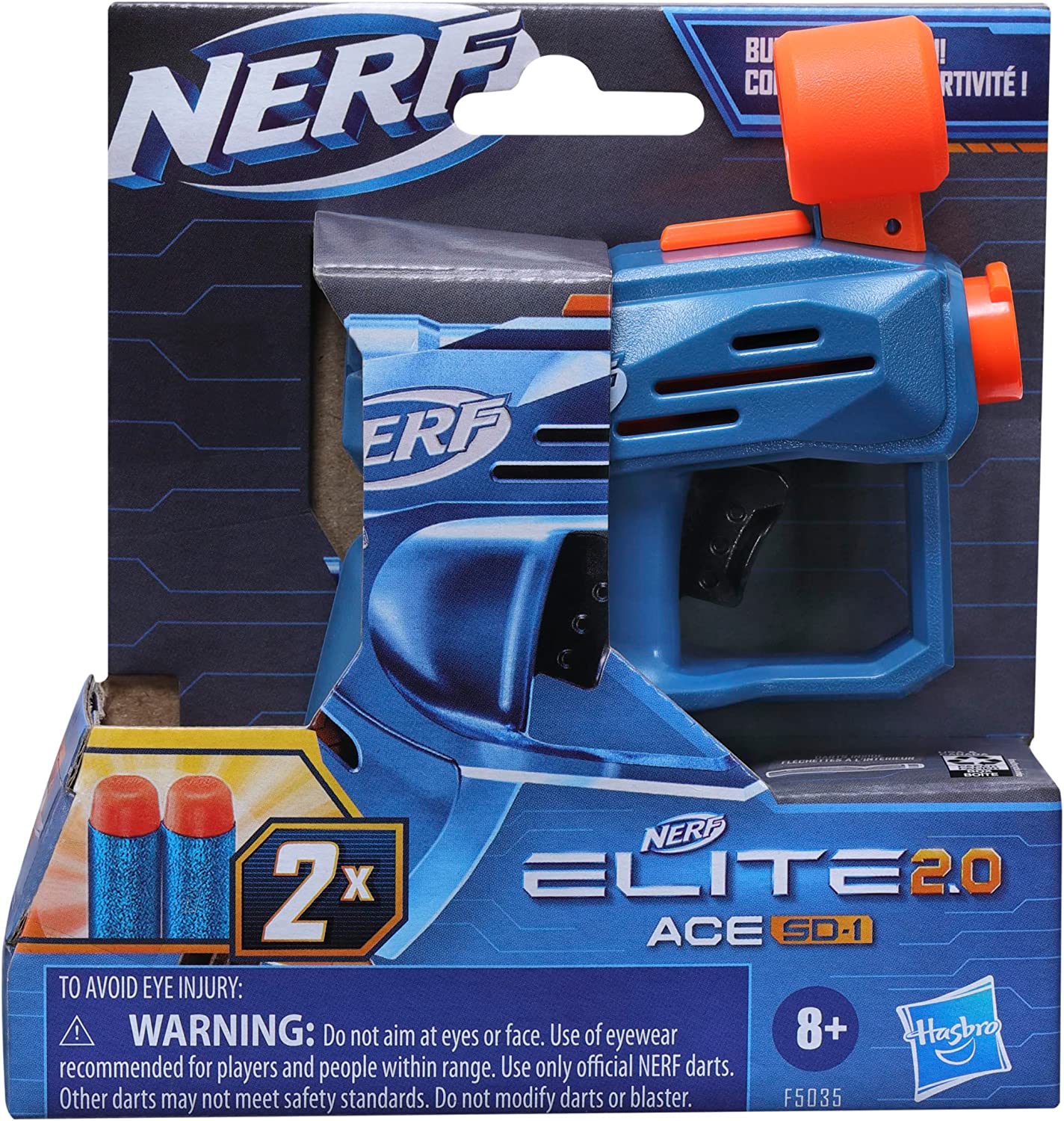 Nerf Elite 2.0 Ace SD-1 Blaster and 2 Official Nerf Elite Darts, Onboard 1-Dart Storage, Stealth-Sized, Easy to Use