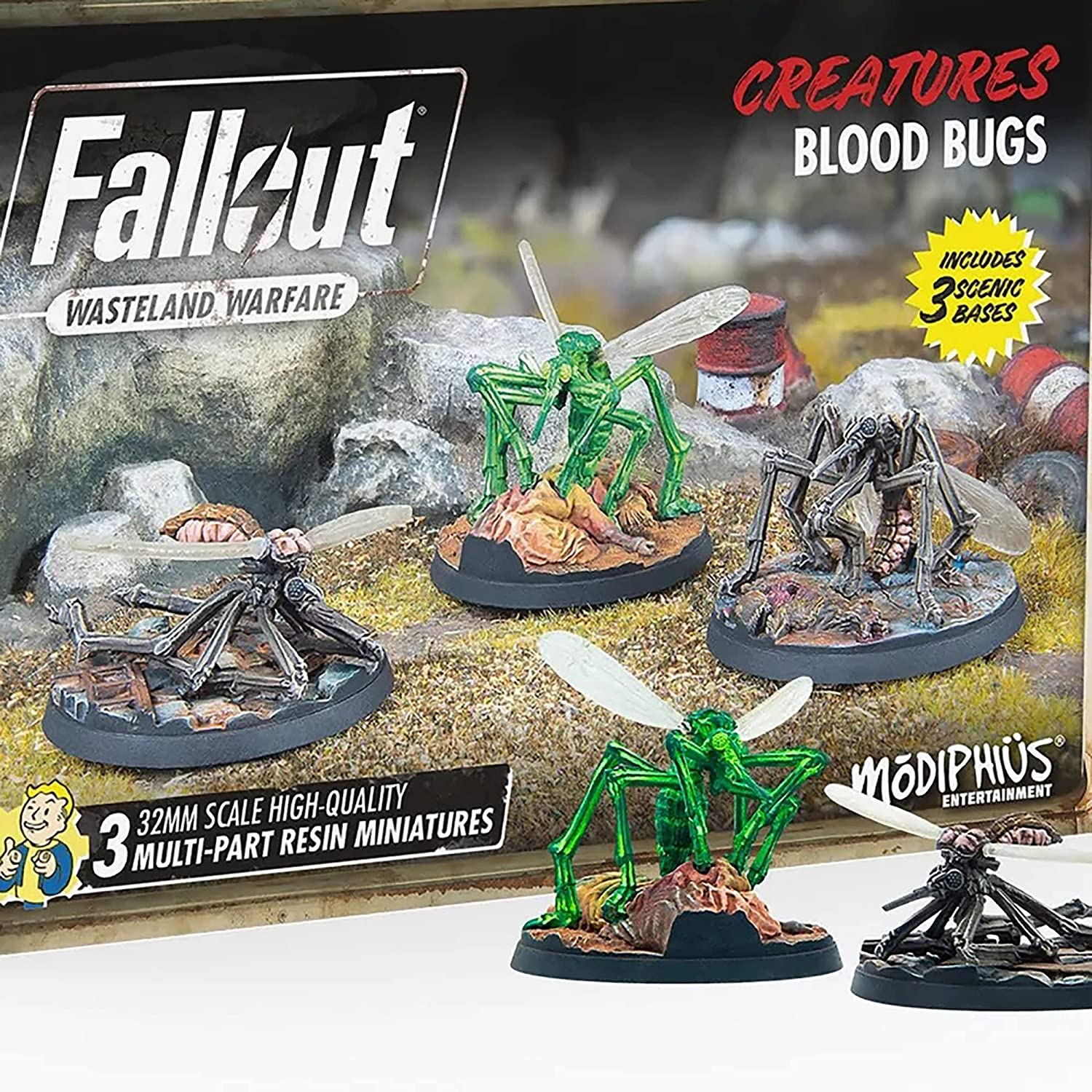 Fallout Wasteland Warfare: Creatures - Blood Bugs - 3 Unpainted Resin Miniatures, RPG, Includes Scenic Bases, 32MM Scale Figures, Tabletop Roleplaying Game Minifigures
