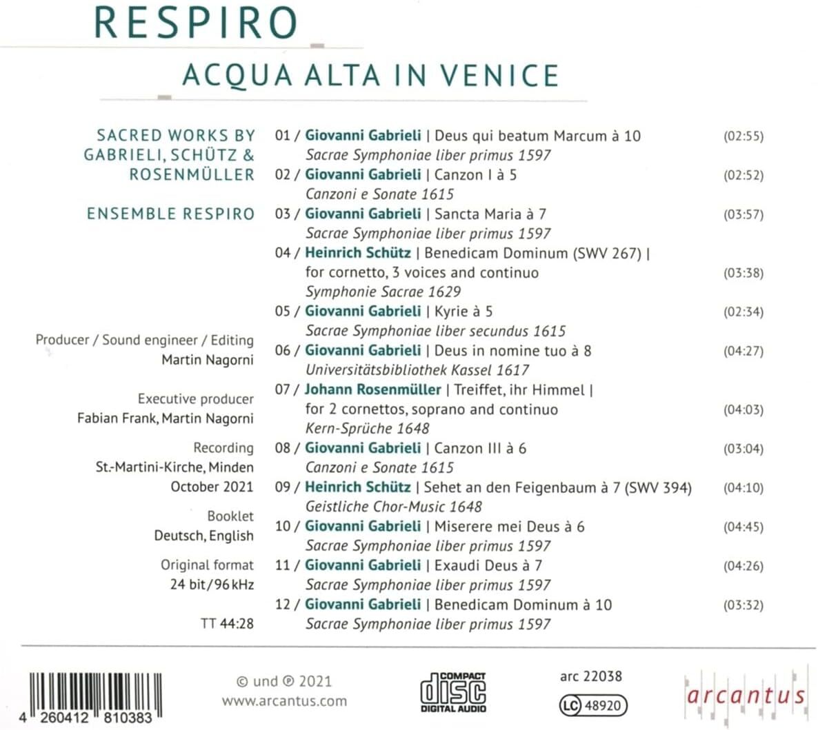Respiro: Acqua Alta in Venice: Sacred Works By Gabrieli, Schütz & Rosenmüller