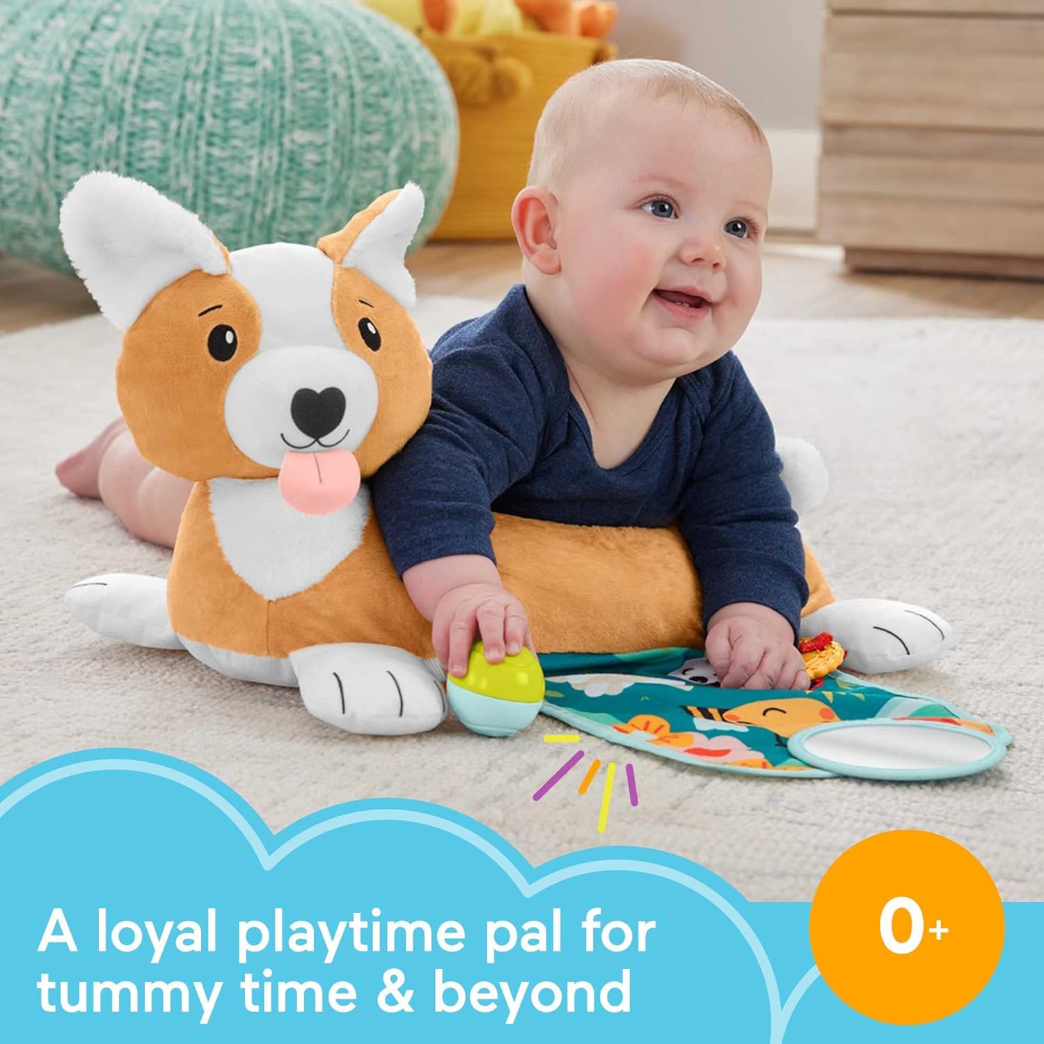 Fisher-Price Baby Tummy Time Toys, 3-in-1 Plush Puppy Wedge with BPA-Free Teether Rattle and Mirror Toys