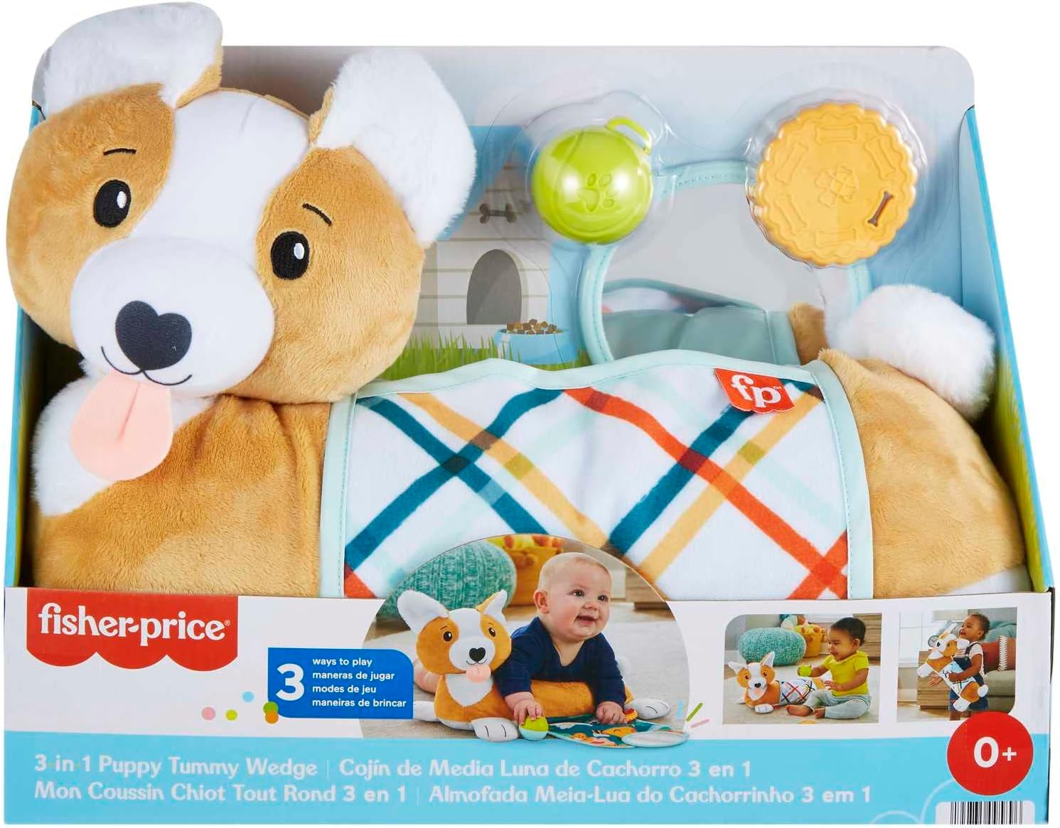 Fisher-Price Baby Tummy Time Toys, 3-in-1 Plush Puppy Wedge with BPA-Free Teether Rattle and Mirror Toys