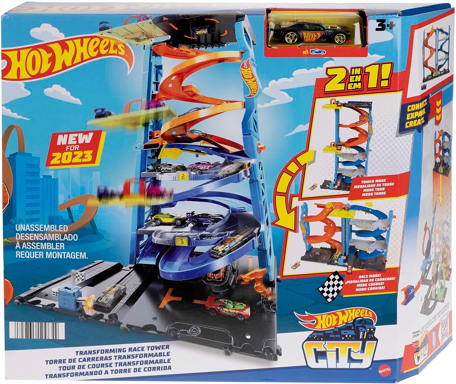 Hot Wheels City Torre de Carreras Pista para Coches de Juguete transformable, Incluye 1 vehículo, +4 años (Mattel HKX43)