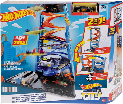 Hot Wheels City Torre de Carreras Pista para Coches de Juguete transformable, Incluye 1 vehículo, +4 años (Mattel HKX43)