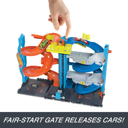 Hot Wheels City Torre de Carreras Pista para Coches de Juguete transformable, Incluye 1 vehículo, +4 años (Mattel HKX43)