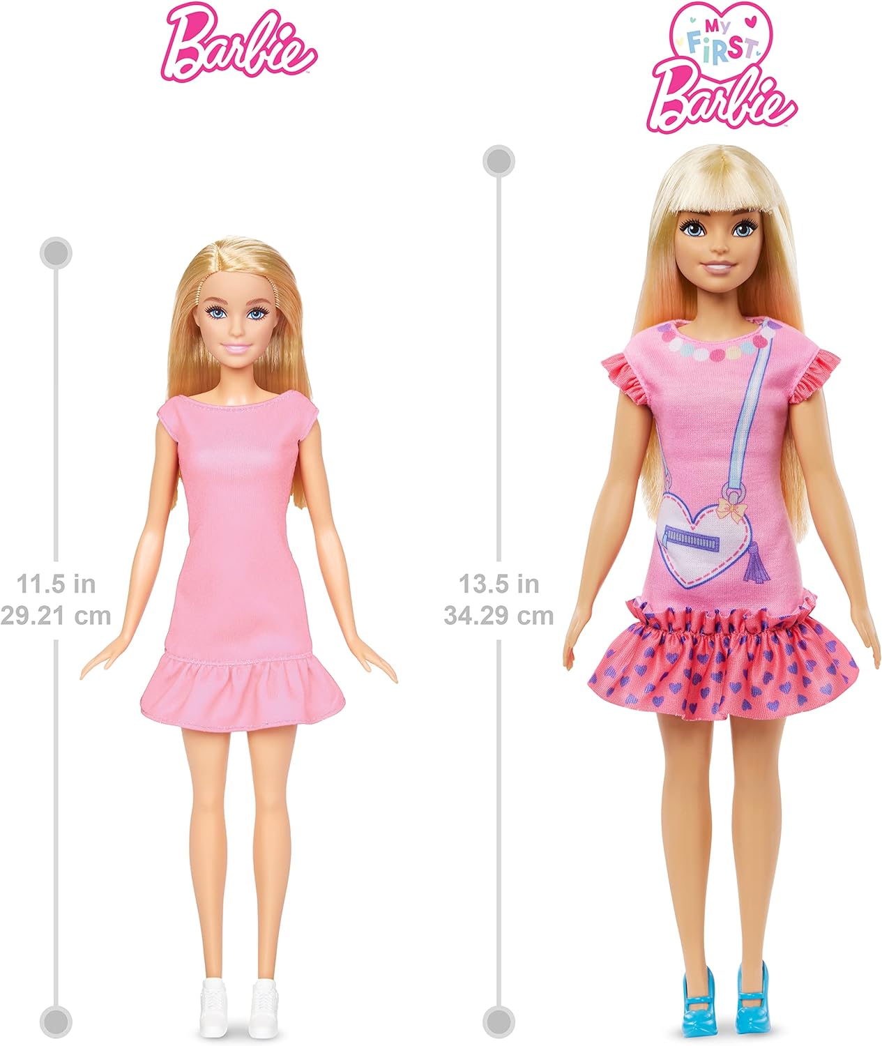 Barbie Doll for Preschoolers, My First Barbie “Malibu” Doll, 13.5 Inch doll, Blonde Hair Kids Toys and Gifts, Plush Kitten, Accessories, Soft Poseable Body, from 3 Years, HLL19 Dress