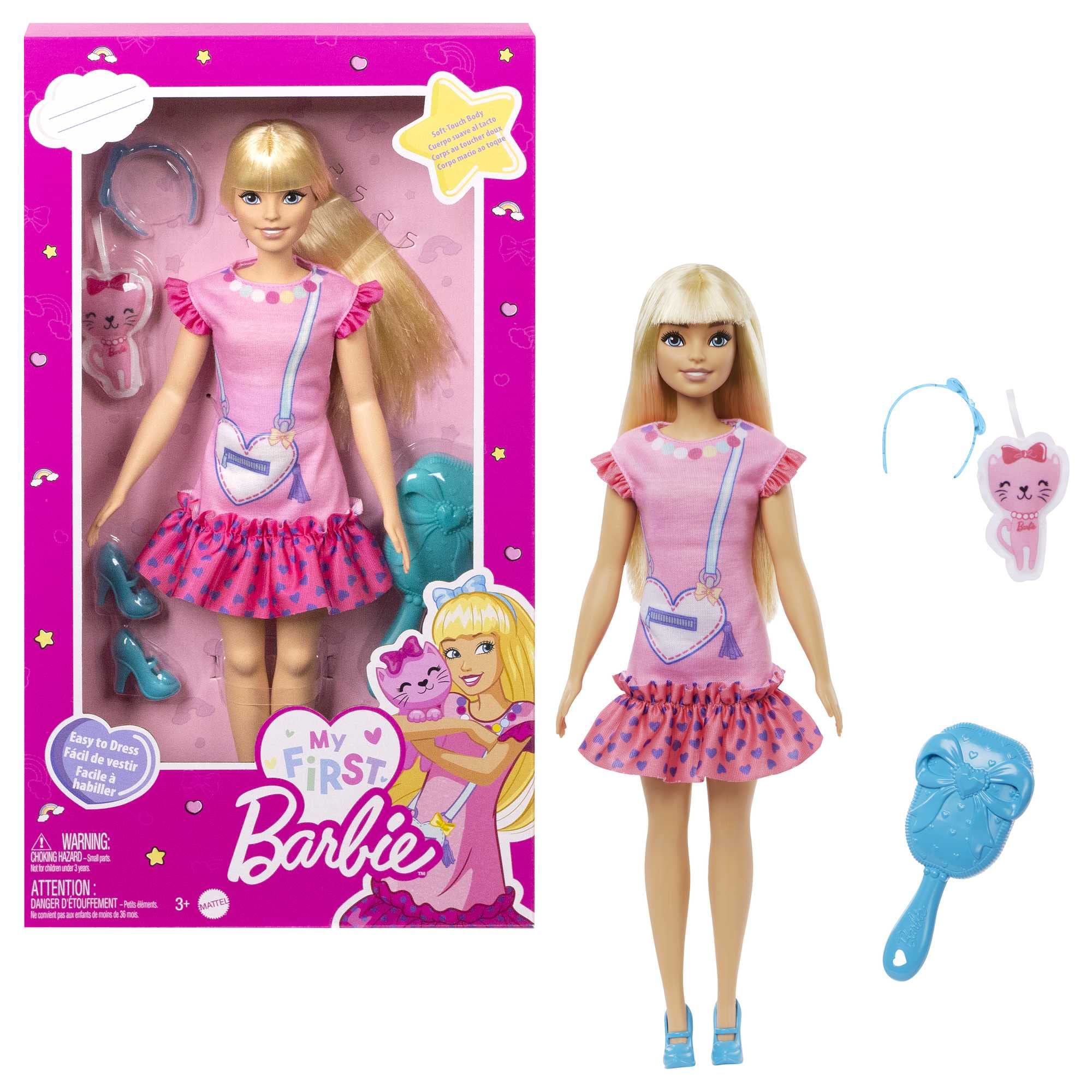 Barbie Doll for Preschoolers, My First Barbie “Malibu” Doll, 13.5 Inch doll, Blonde Hair Kids Toys and Gifts, Plush Kitten, Accessories, Soft Poseable Body, from 3 Years, HLL19 Dress