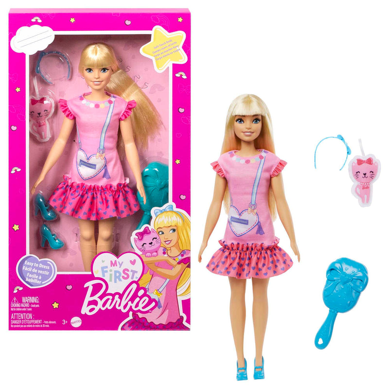 Barbie Doll for Preschoolers, My First Barbie “Malibu” Doll, 13.5 Inch doll, Blonde Hair Kids Toys and Gifts, Plush Kitten, Accessories, Soft Poseable Body, from 3 Years, HLL19 Dress