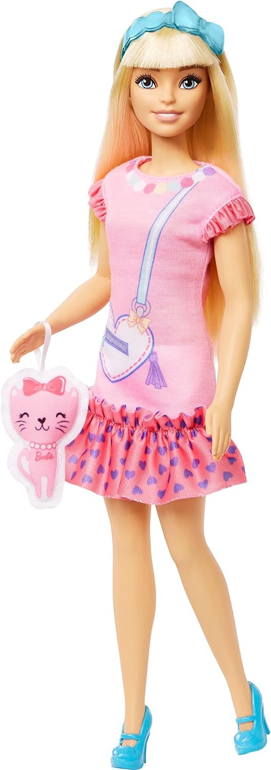 Barbie Doll for Preschoolers, My First Barbie “Malibu” Doll, 13.5 Inch doll, Blonde Hair Kids Toys and Gifts, Plush Kitten, Accessories, Soft Poseable Body, from 3 Years, HLL19 Dress