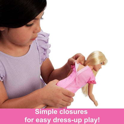 Barbie Doll for Preschoolers, My First Barbie “Malibu” Doll, 13.5 Inch doll, Blonde Hair Kids Toys and Gifts, Plush Kitten, Accessories, Soft Poseable Body, from 3 Years, HLL19 Dress