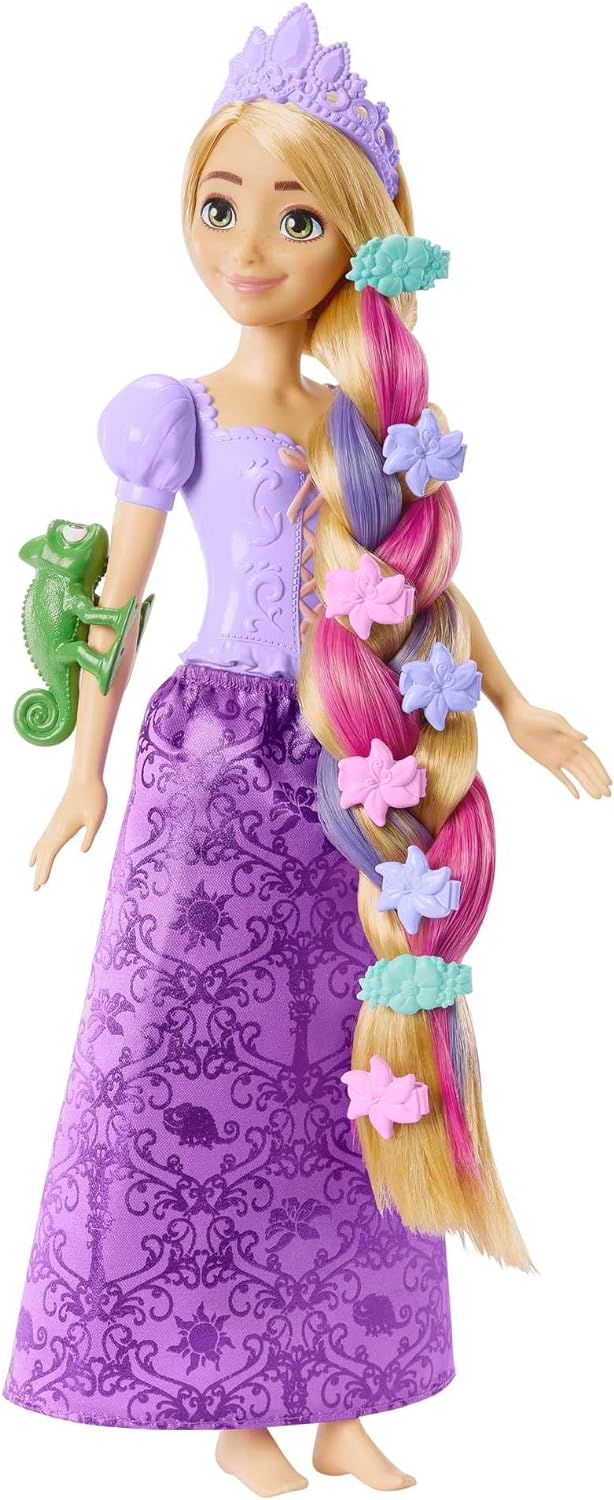 Mattel Disney Princess Fairy-Tale Hair Rapunzel Doll, Colour Changing Hair Extensions with Hairstyling Pieces and Doll Accessories, Includes Pascal, Toys for Ages 3 and Up, One Doll, HLW18