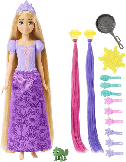 Mattel Disney Princess Fairy-Tale Hair Rapunzel Doll, Colour Changing Hair Extensions with Hairstyling Pieces and Doll Accessories, Includes Pascal, Toys for Ages 3 and Up, One Doll, HLW18