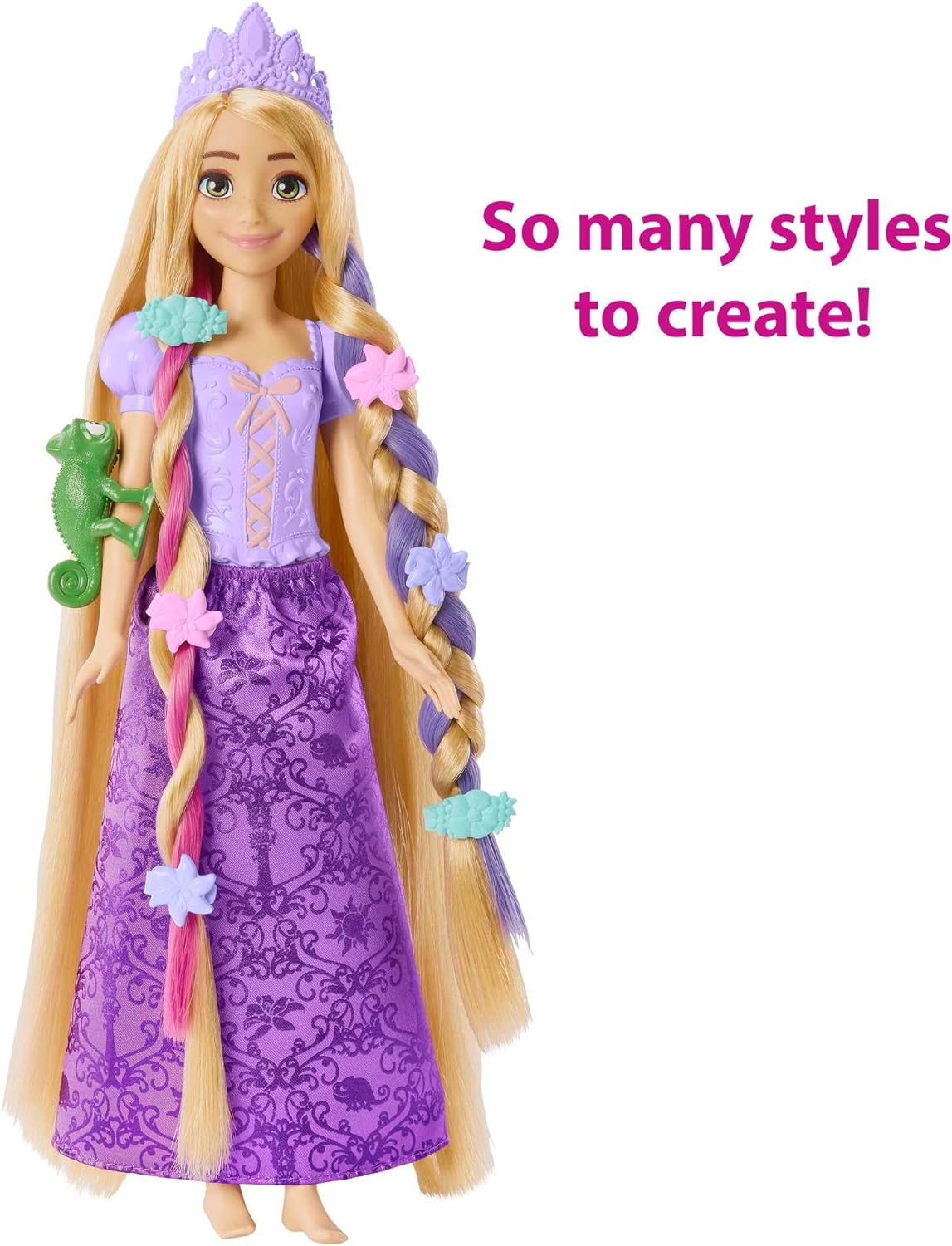 Mattel Disney Princess Fairy-Tale Hair Rapunzel Doll, Colour Changing Hair Extensions with Hairstyling Pieces and Doll Accessories, Includes Pascal, Toys for Ages 3 and Up, One Doll, HLW18