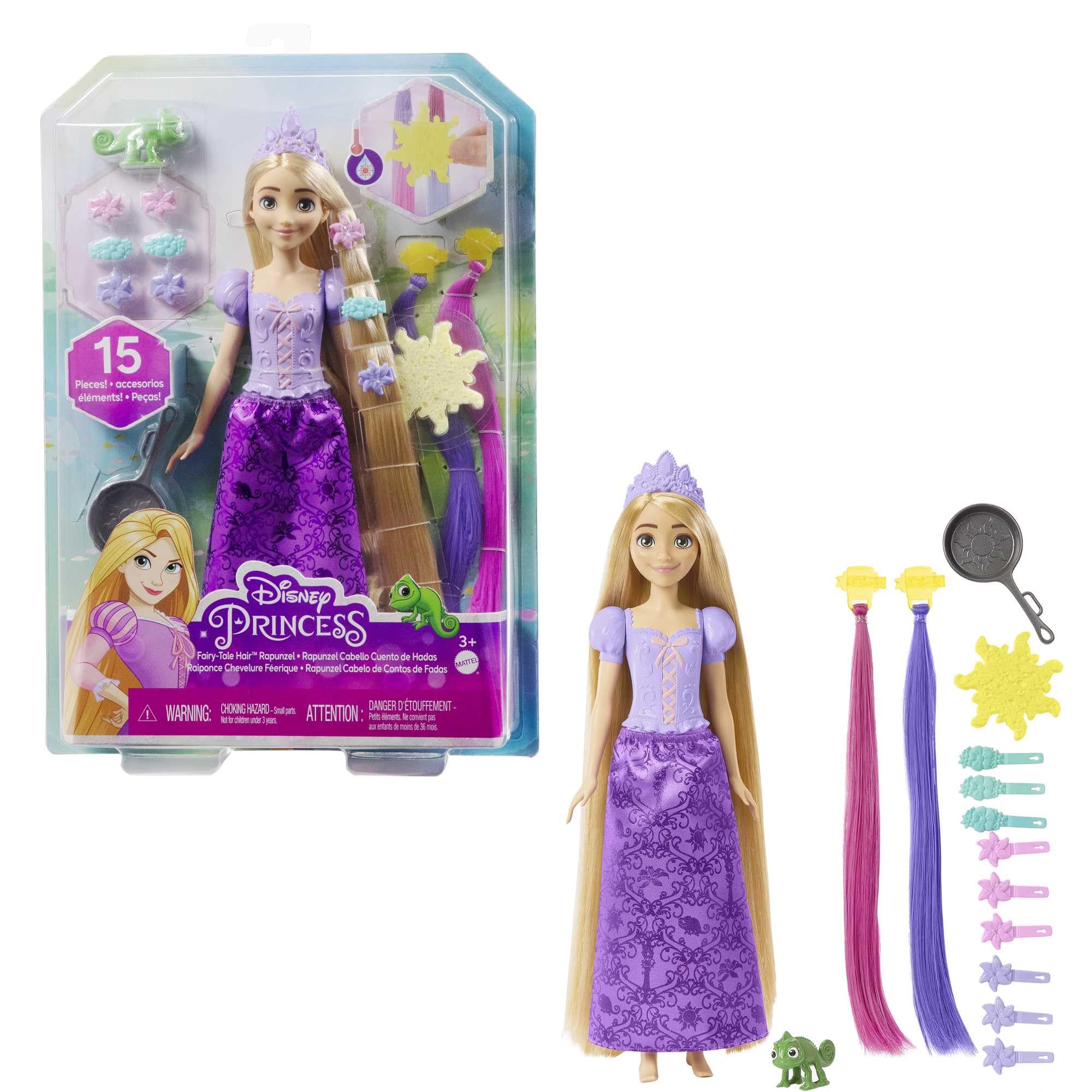Mattel Disney Princess Fairy-Tale Hair Rapunzel Doll, Colour Changing Hair Extensions with Hairstyling Pieces and Doll Accessories, Includes Pascal, Toys for Ages 3 and Up, One Doll, HLW18