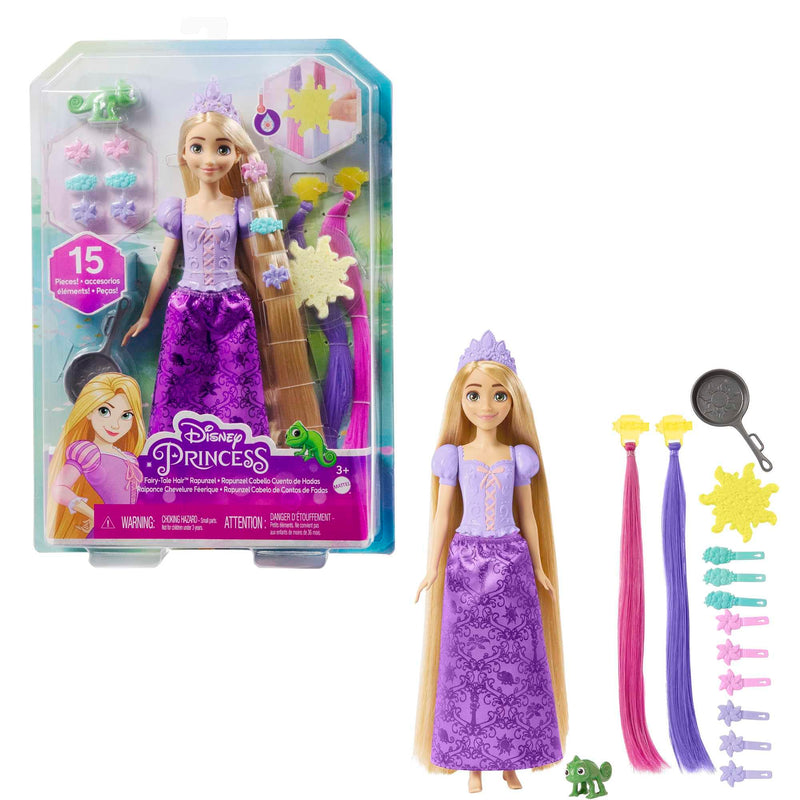 Mattel Disney Princess Fairy-Tale Hair Rapunzel Doll, Colour Changing Hair Extensions with Hairstyling Pieces and Doll Accessories, Includes Pascal, Toys for Ages 3 and Up, One Doll, HLW18