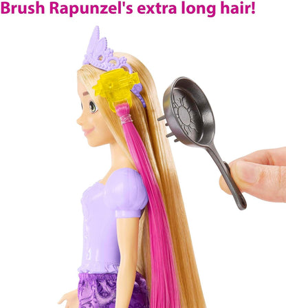 Mattel Disney Princess Fairy-Tale Hair Rapunzel Doll, Colour Changing Hair Extensions with Hairstyling Pieces and Doll Accessories, Includes Pascal, Toys for Ages 3 and Up, One Doll, HLW18