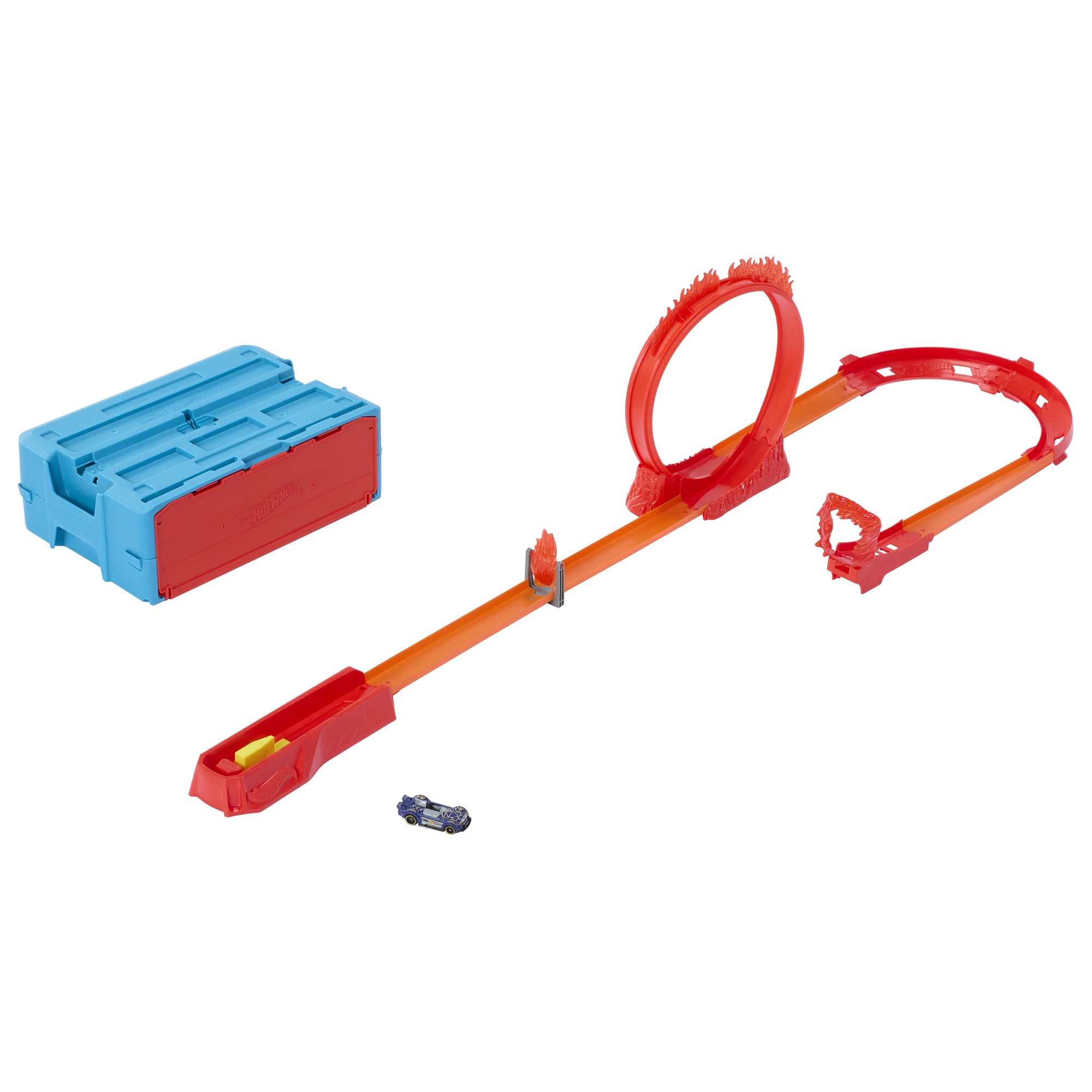 Hot Wheels Track Set, Fire-Themed Track Set & 1 Hot Wheels Car, 16 Track-Building and Stunting Components in Stackable Toy Storage Box