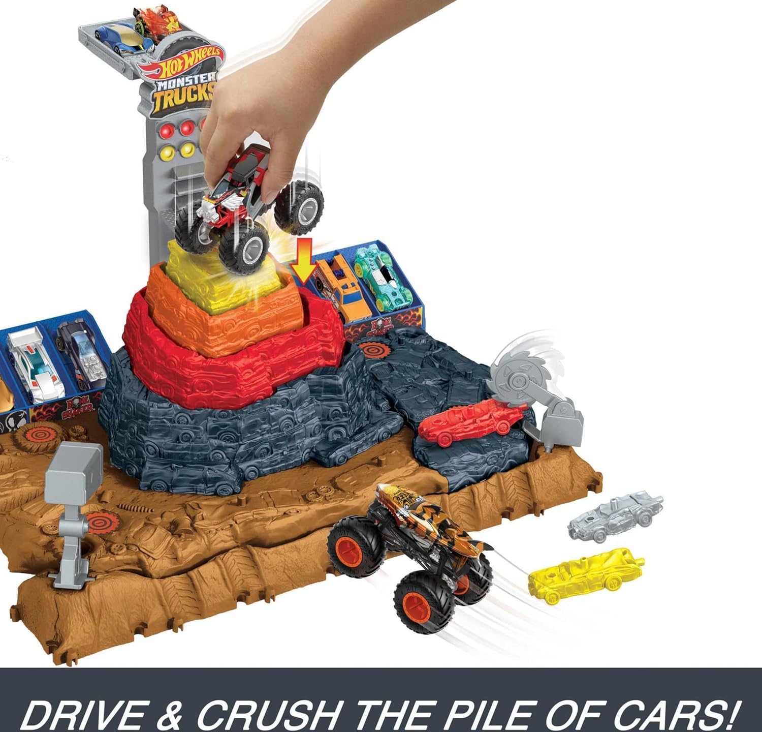 Hot Wheels Monster Trucks Arena World Pista Central Aplastar y Destruir Bone Shaker Pista para Coches de Juguete, +3 años (Mattel HNB96