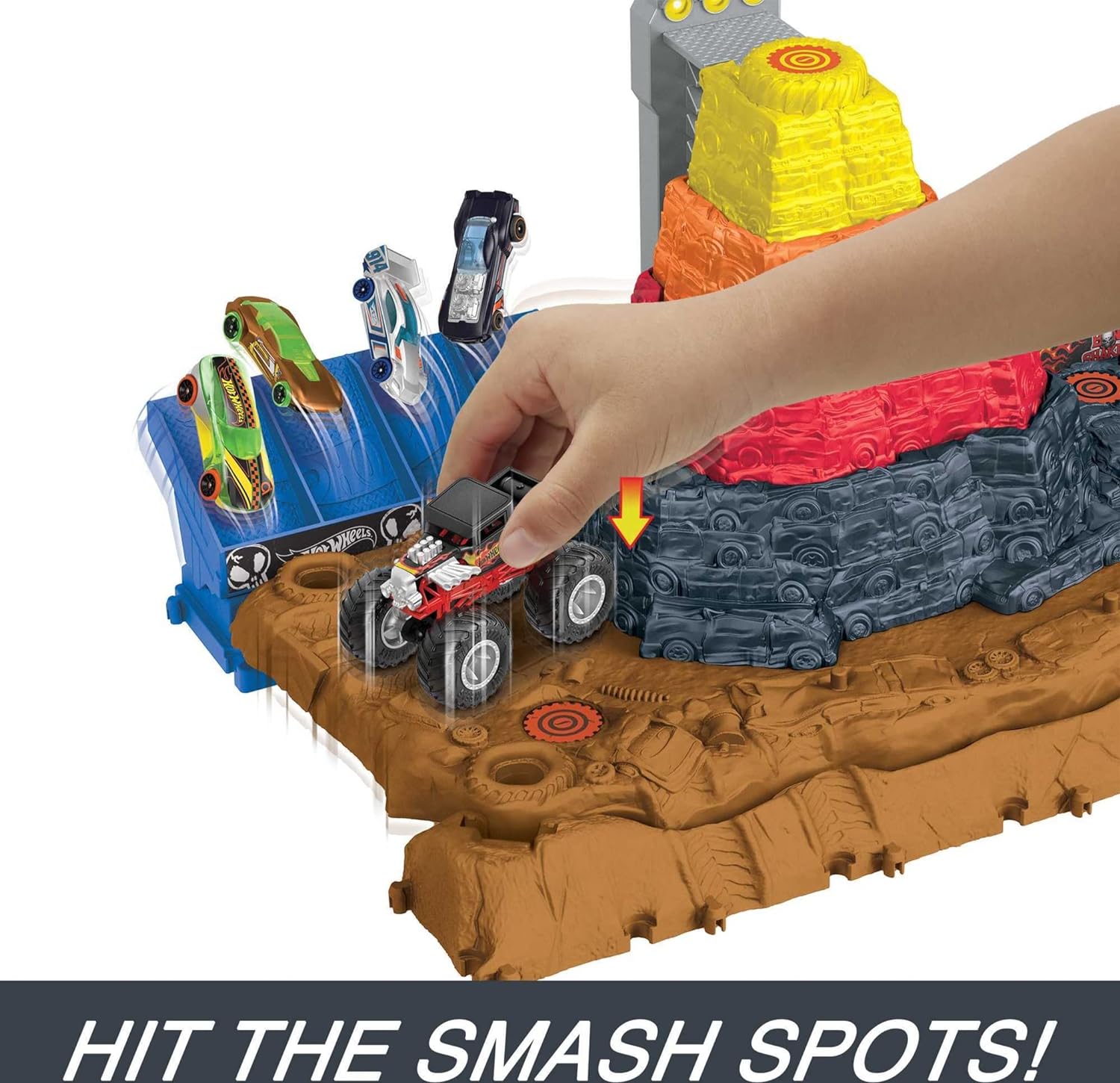Hot Wheels Monster Trucks Arena World Pista Central Aplastar y Destruir Bone Shaker Pista para Coches de Juguete, +3 años (Mattel HNB96