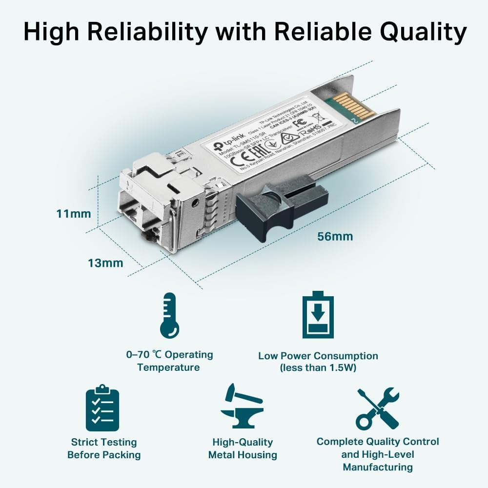 TP-Link TL-SM5110-SR 10GBase-SR SFP+ LC Transceiver Modul, 850nm Multimode-SFP+-Transceiver,unterstützt Digital Diagnostic Monitoring