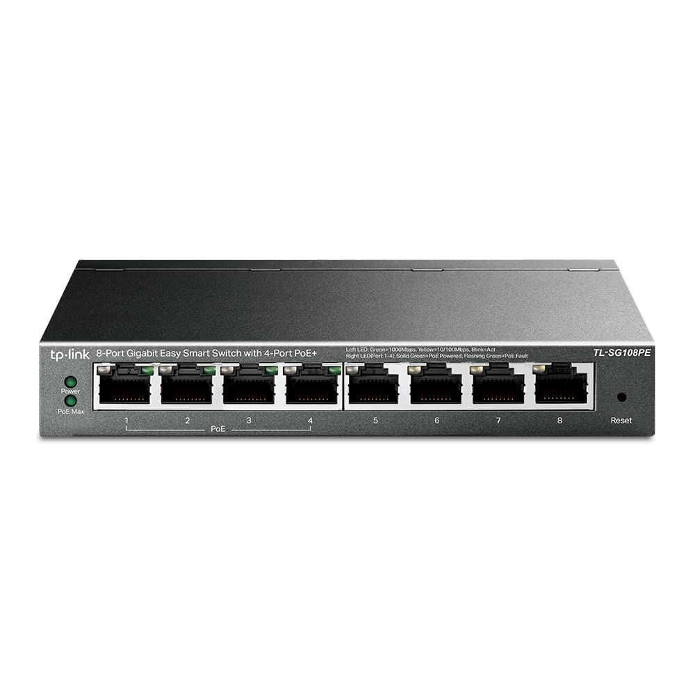 TP-Link TL-SG108PE 8-Port Gigabit Easy Smart Switch with 4 PoE + ports (64 watts, shielded RJ-45 ports, IEEE-802.3af / at, simple configuration, fanless) black
