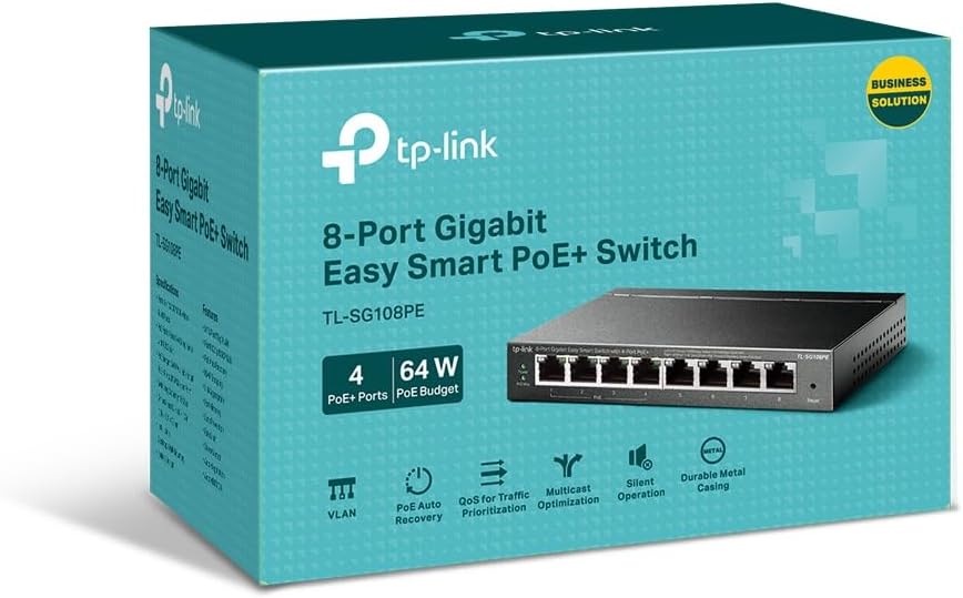 TP-Link TL-SG108PE 8-Port Gigabit Easy Smart Switch with 4 PoE + ports (64 watts, shielded RJ-45 ports, IEEE-802.3af / at, simple configuration, fanless) black
