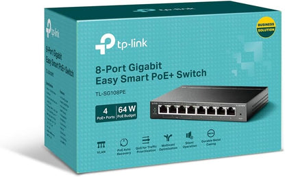 TP-Link TL-SG108PE 8-Port Gigabit Easy Smart Switch with 4 PoE + ports (64 watts, shielded RJ-45 ports, IEEE-802.3af / at, simple configuration, fanless) black