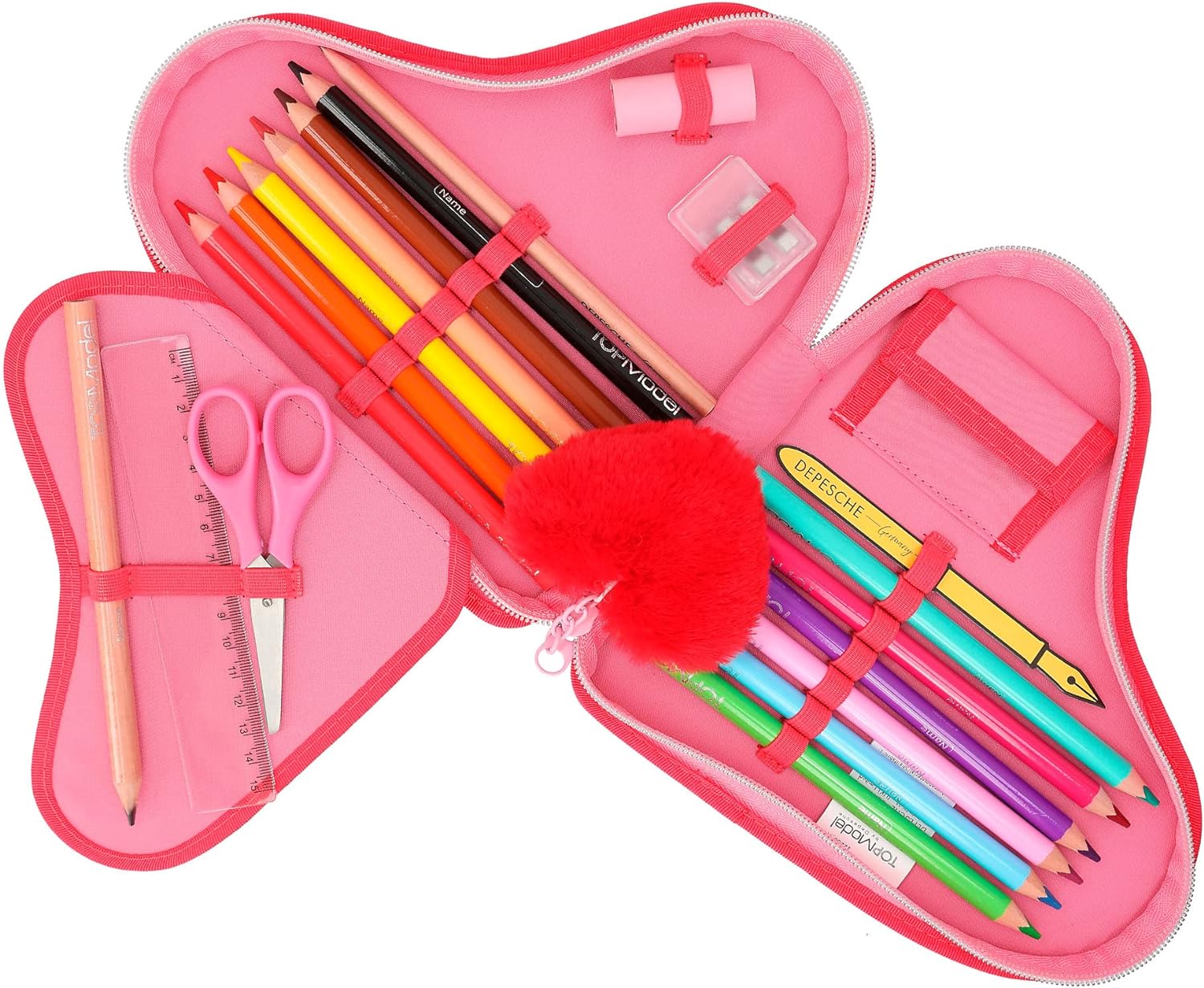 Depesche 12260 TOPModel One Love Filled Heart Red with Model Motif and Glitter, Case with Colouring Pencils, Scissors, Ruler and Much More, Pink