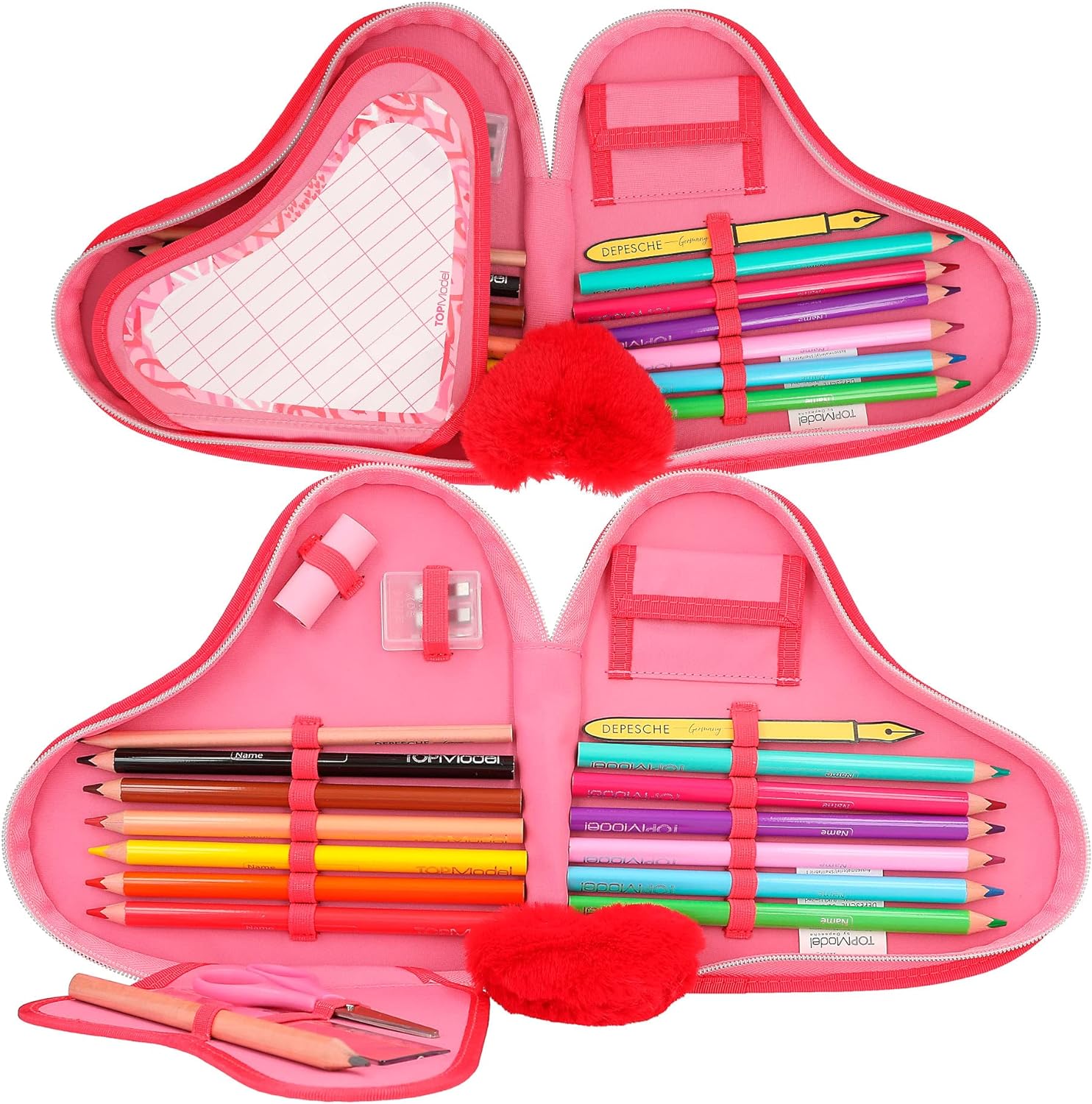 Depesche 12260 TOPModel One Love Filled Heart Red with Model Motif and Glitter, Case with Colouring Pencils, Scissors, Ruler and Much More, Pink