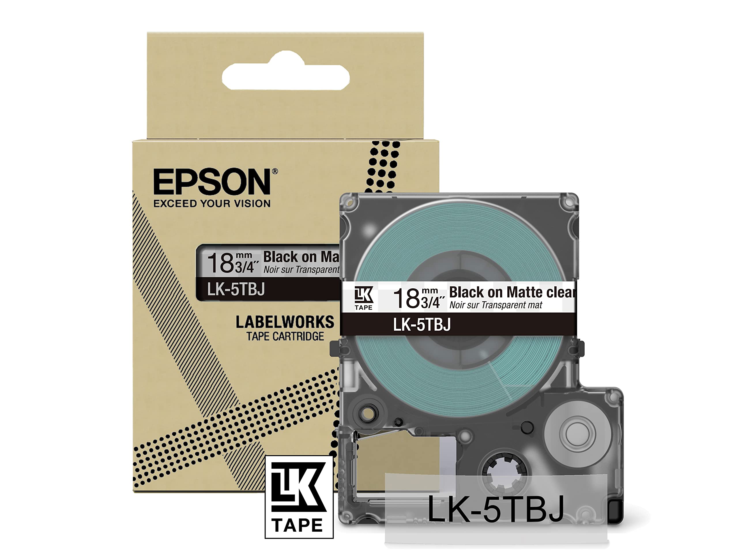 Epson Etikettenkassette, mattes Beschriftungsband LK-5TBJ schwarz auf transparent, langlebiges Band für Epson LabelWorks Etikettendrucker, wasser- & verschleißfest, 8 m x