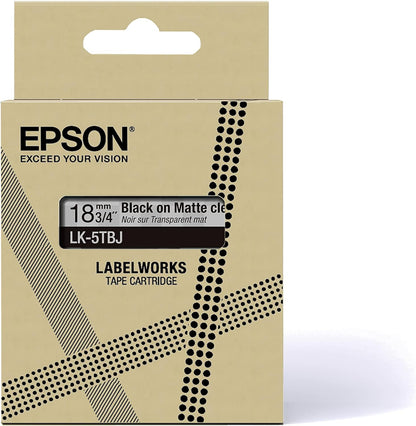 Epson Etikettenkassette, mattes Beschriftungsband LK-5TBJ schwarz auf transparent, langlebiges Band für Epson LabelWorks Etikettendrucker, wasser- & verschleißfest, 8 m x