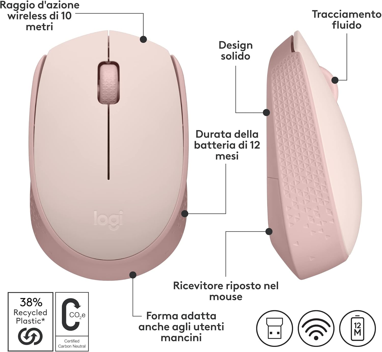 Logitech M171 Wireless Mouse for PC, Mac, Laptop, 2.4 GHz with USB Mini Receiver, Optical Tracking, 12-Months Battery Life, Ambidextrous - Pink