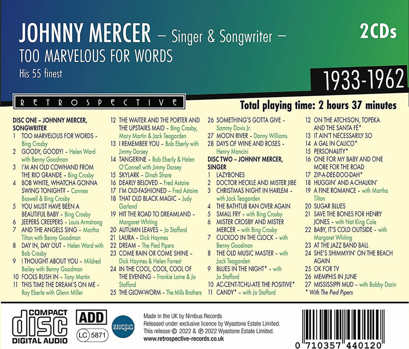 Johnny Mercer: Too Marvelous for Words: His 55 Finest 1933-1962