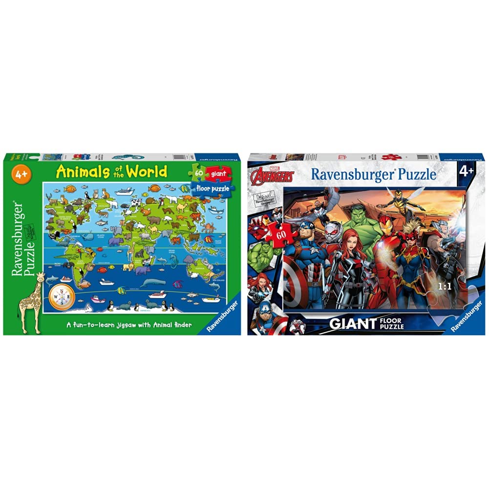 Ravensburger Animals of the World 60 piece Jigsaw Puzzle for Kids age 4 years and up & Marvel Avengers 60 Piece Giant Floor Jigsaw Puzzle for Kids Age 4 Years