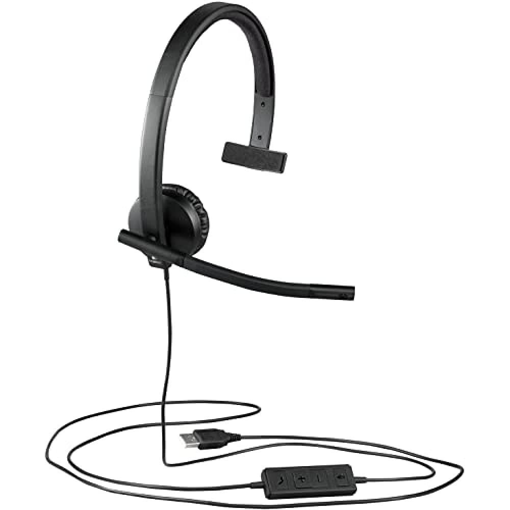 Logitech H570e Wired Headset, Mono Headphones with Noise-Cancelling Microphone, USB, In-Line Controls with Mute Button, Indicator LED, PC/Mac/Laptop - Black