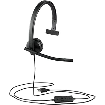 Logitech H570e Wired Headset, Mono Headphones with Noise-Cancelling Microphone, USB, In-Line Controls with Mute Button, Indicator LED, PC/Mac/Laptop - Black