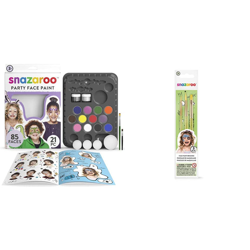 Snazaroo 1180100 Ultimate Party Pack, Multicoloured & 1192505US Face Paint Brush Set-3 Pcs, Green