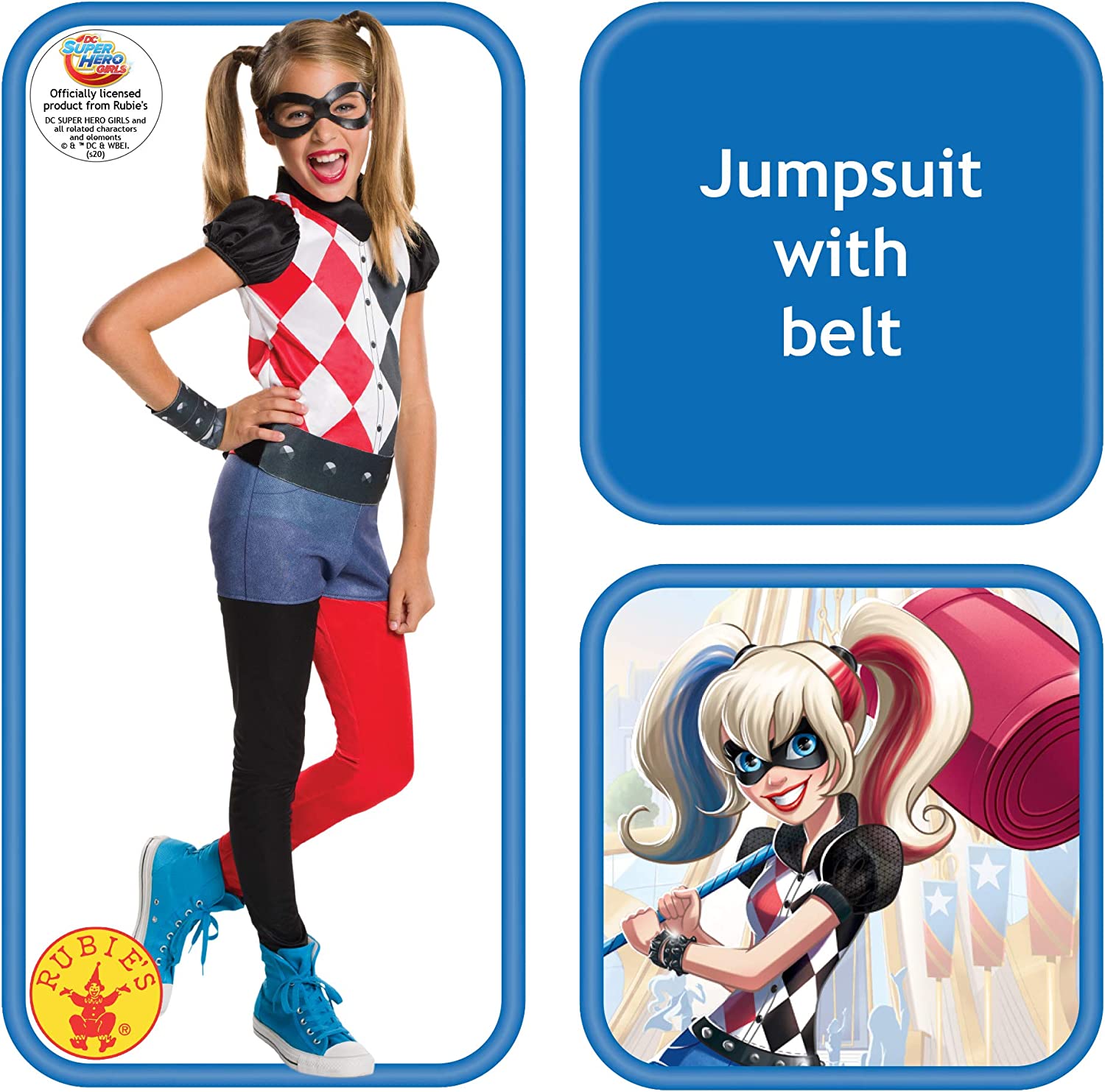 Rubie's Official DC Super Hero Girl's Harley Quinn Costume, Kids Super Villain Fancy Dress