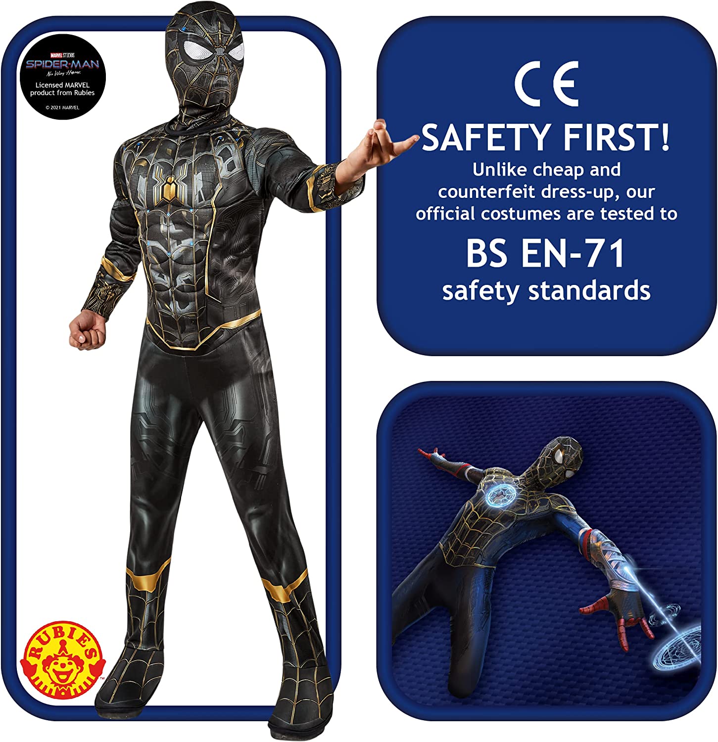 Rubies Official Marvel Spider-Man No Way Home Deluxe Costume for Boys, Black and Gold Suit, Superhero Costume for Kids, Black and Gold, Medium