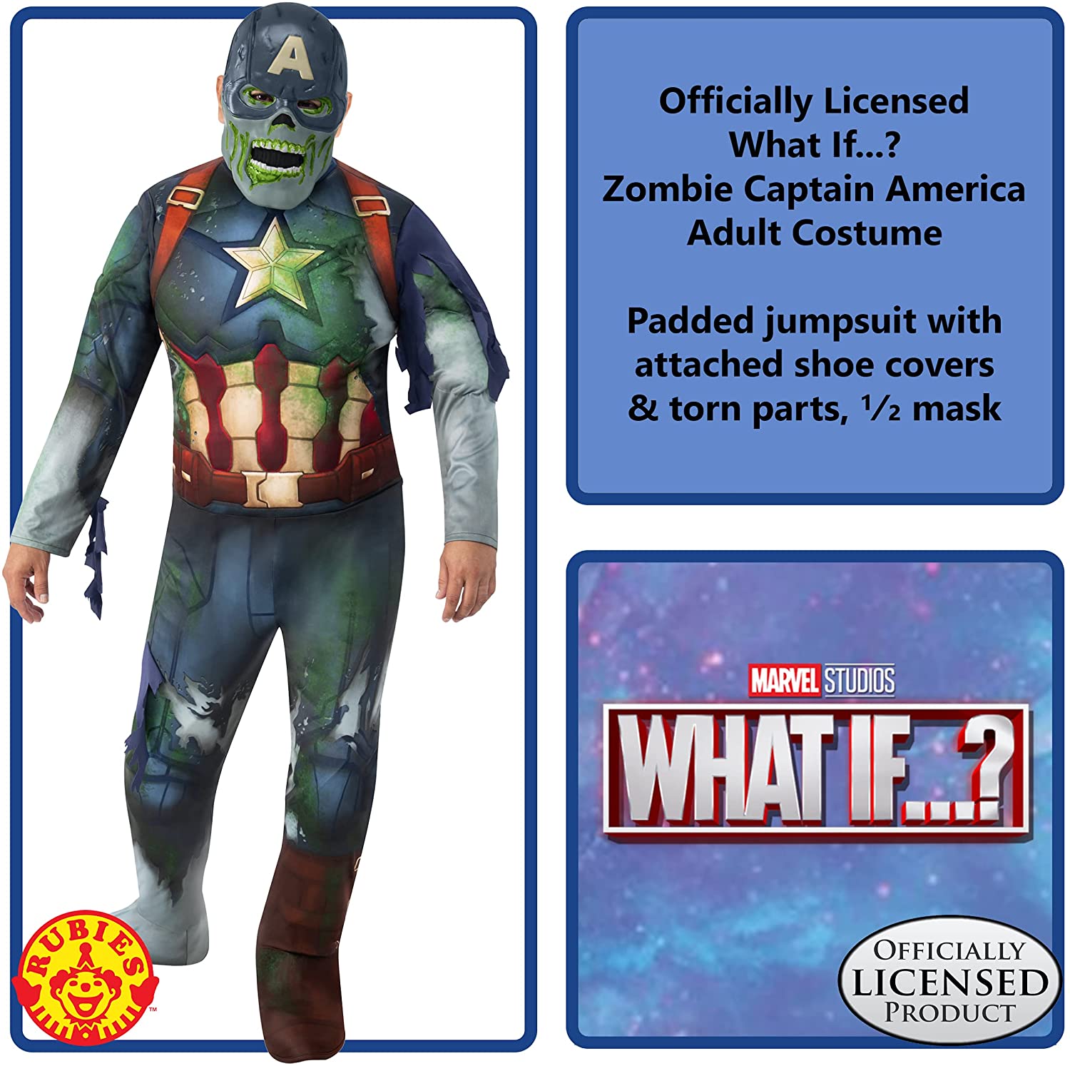 Rubie's Official Disney Plus What If Zombie Captain America Deluxe Adult Costume, Halloween Fancy Dress