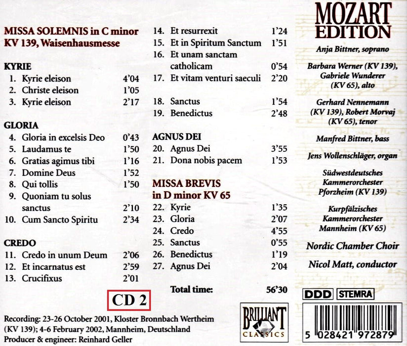 1-CD MOZART - MISSA SOLEMNIS / MISSA BREVIS - NORDIC CHAMBER CHOIR / NICOLL MATT