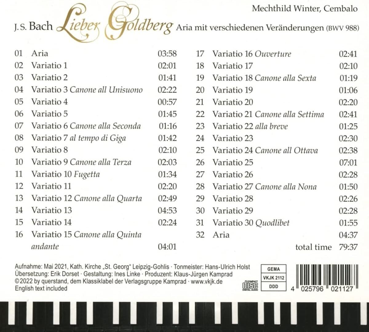J.S. Bach: Lieber Goldberg: Aria Mit Verschiedenen Veränderungen (BWV988)