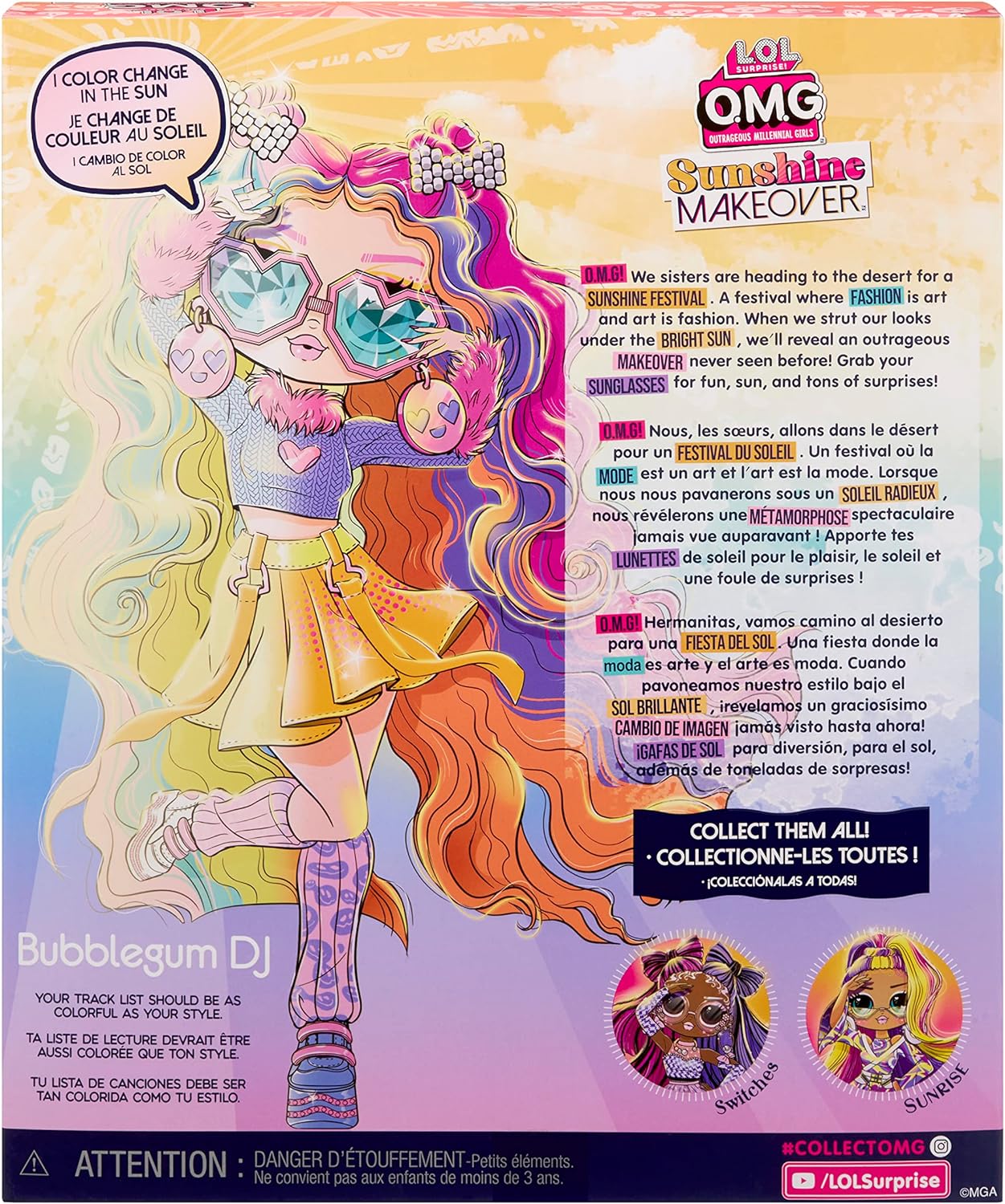 LOL Surprise OMG Sunshine Makeover Fashion Doll - BUBBLEGUM DJ - Includes UV Colour Change in the Sun, Multiple Surprises, and Fabulous Accessories - Great Gift for Kids Ages 4+