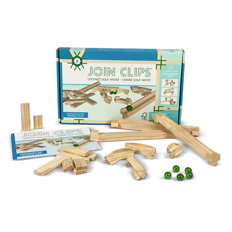 JOIN CLIPS®: Marble Track Expansion Set - Marble Run - Building and Playing - for Children - Suitable from 4 Years - With Educative Examples - Wooden Building Blocks