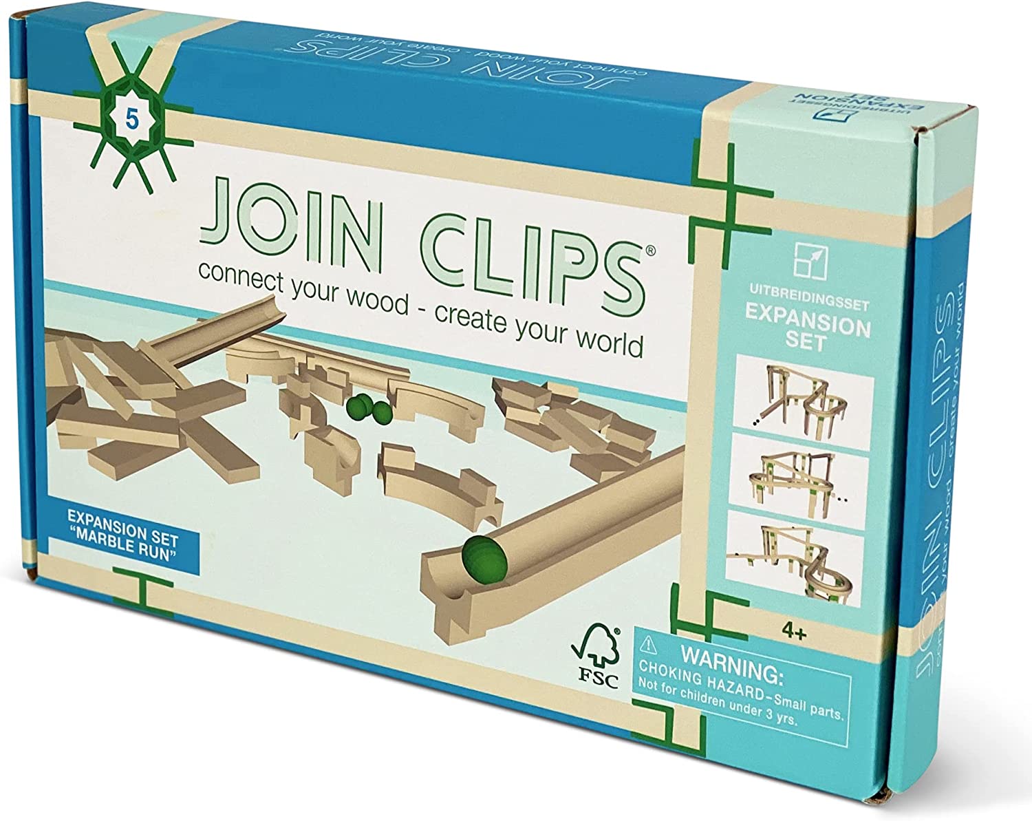 JOIN CLIPS®: Marble Track Expansion Set - Marble Run - Building and Playing - for Children - Suitable from 4 Years - With Educative Examples - Wooden Building Blocks
