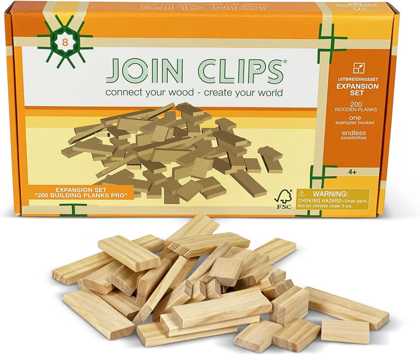 JOIN CLIPS®: 200 Wooden Building Blocks PRO - Wooden Building Blocks in New Format - Supplementary Set - Children's Toy - Wooden Toy - Suitable from 4 Years - With Educational Examples