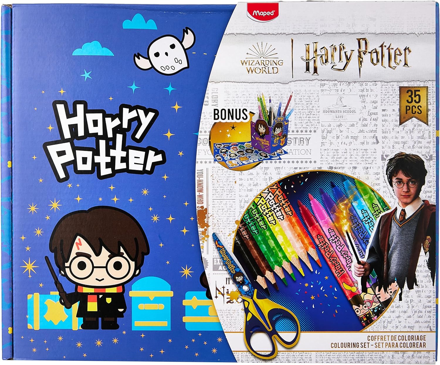 Maped - Drawing Set - Harry Potter Collection - 35 Craft Pieces - Includes Children's Scissors, Colored Pencils, Colored Pencils, Stickers and 1 Mounting Pen Holder, Multicoloured, 899797