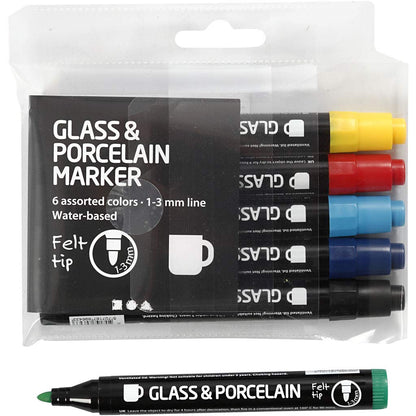 Glass and Porcelain Pens, 1-3 mm line, standard colours, Semi opaque, 6asstd