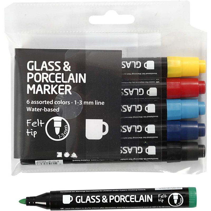 Glass and Porcelain Pens, 1-3 mm line, standard colours, Semi opaque, 6asstd